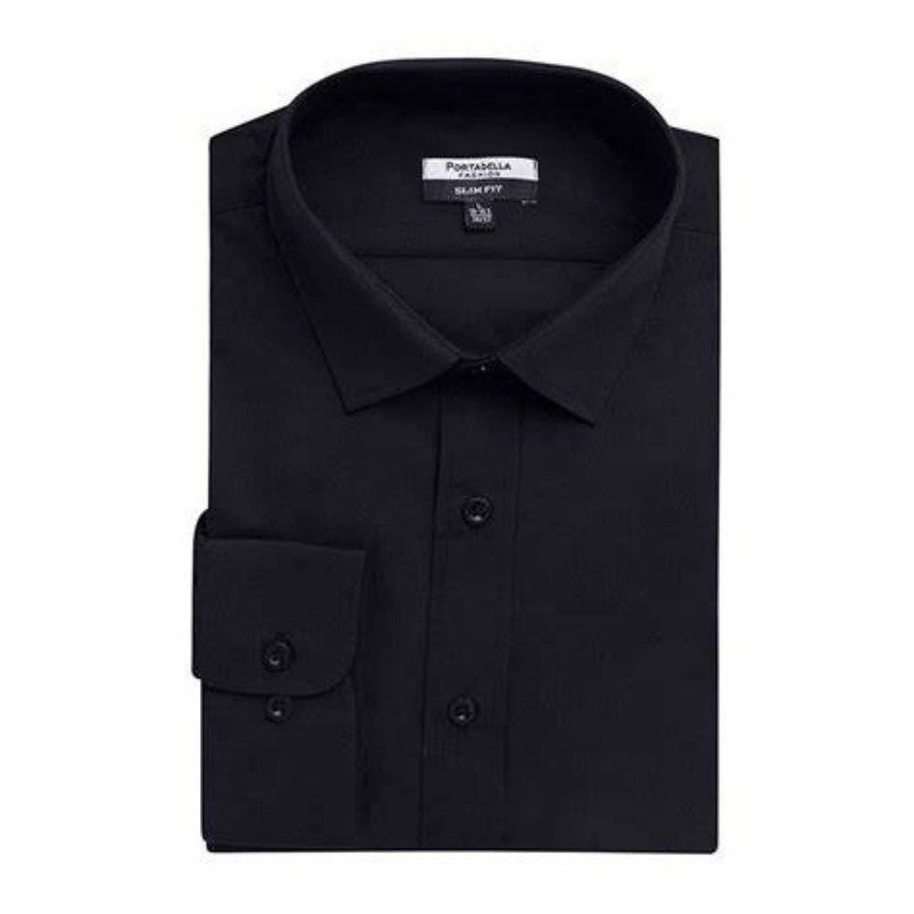 Portabella Men's Black Modern Fit Long Sleeve Solid Dress Shirt.